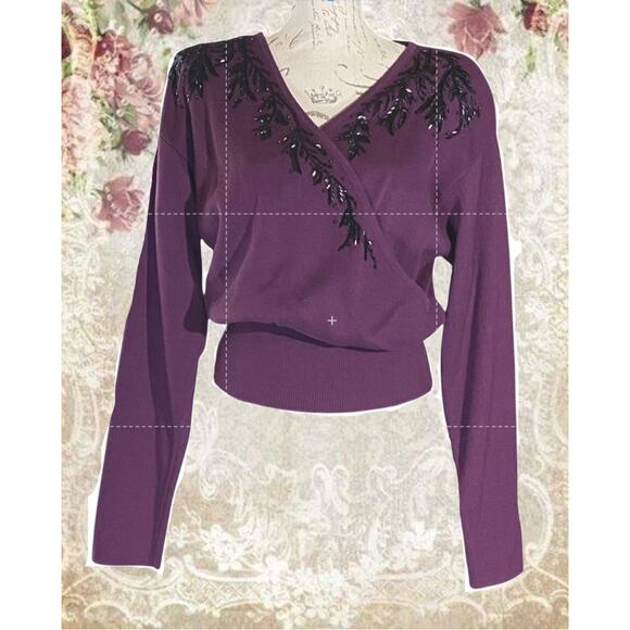 I.B. Diffusion Plum Beaded Wrap Sweater M Dressy Evening Knit Top - Picture 2 of 8